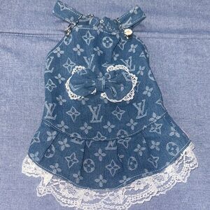 Blue Denim Doggy Dress with Lace Trim
